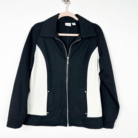 Chico's Weekends Sporty Full Zip Track Jacket Colorblock Black White 12 #BAG10 - Picture 2 of 8